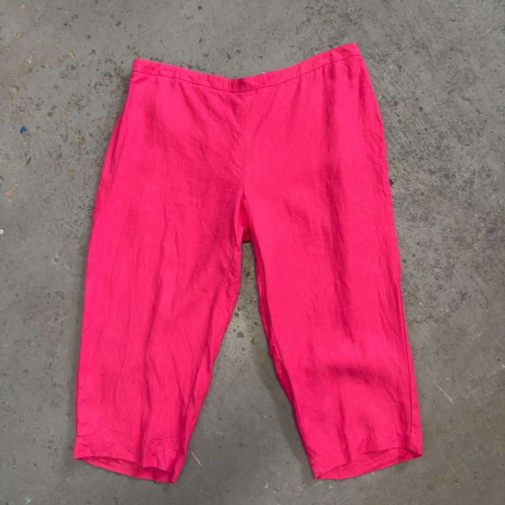 Chicos Hot Pink 100% Linen Cropped Pants Size 3 XL Elastic Waist Pull On Breezy